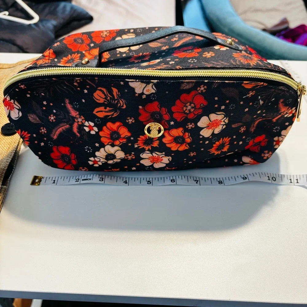 NWOT Simply Southern Black Red Orange Large Floral Cosmetic Bag with Gold Zipper
